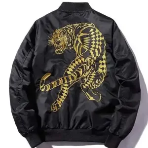 Golden Embroidered Tiger Black Bomber Jacket