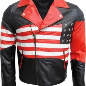 American Flag Lapel Style Collar Red And Black Leather Jacket
