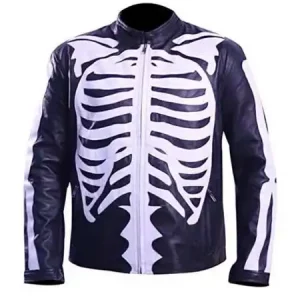 Halloween Skeleton Print Black Leather Jacket