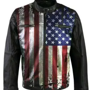 Men And Women Vintage USA Flag Biker Black Leather Jacket