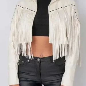Womens White Leather Fringe Jacket