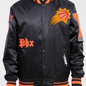 Embrace classic style with the Phoenix Suns Old English Logo Satin Jacket - a timeless piece for devoted fans.