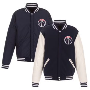 "Stay versatile with the NBA Washington Wizards JH Design Reversible Jacket - a stylish navy and white jacket that offers two looks in one, perfect for die-hard fans.