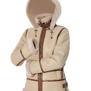 Alicia Beige Shearling Fur Hooded Leather Jacket