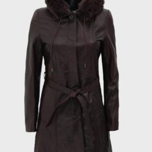 Dark Brown Women’s Fur Hooded Leather Coat