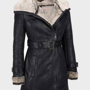 Alana Mid Length Black Shearling Leather Coat