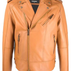 Men Light Brown Leather Biker Jacket