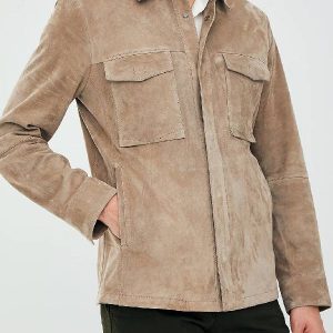 Men's Beige Shirt Style Suede Leather Jacket