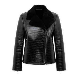 Women's Black Crocodile Printed Fur Leather Jacket